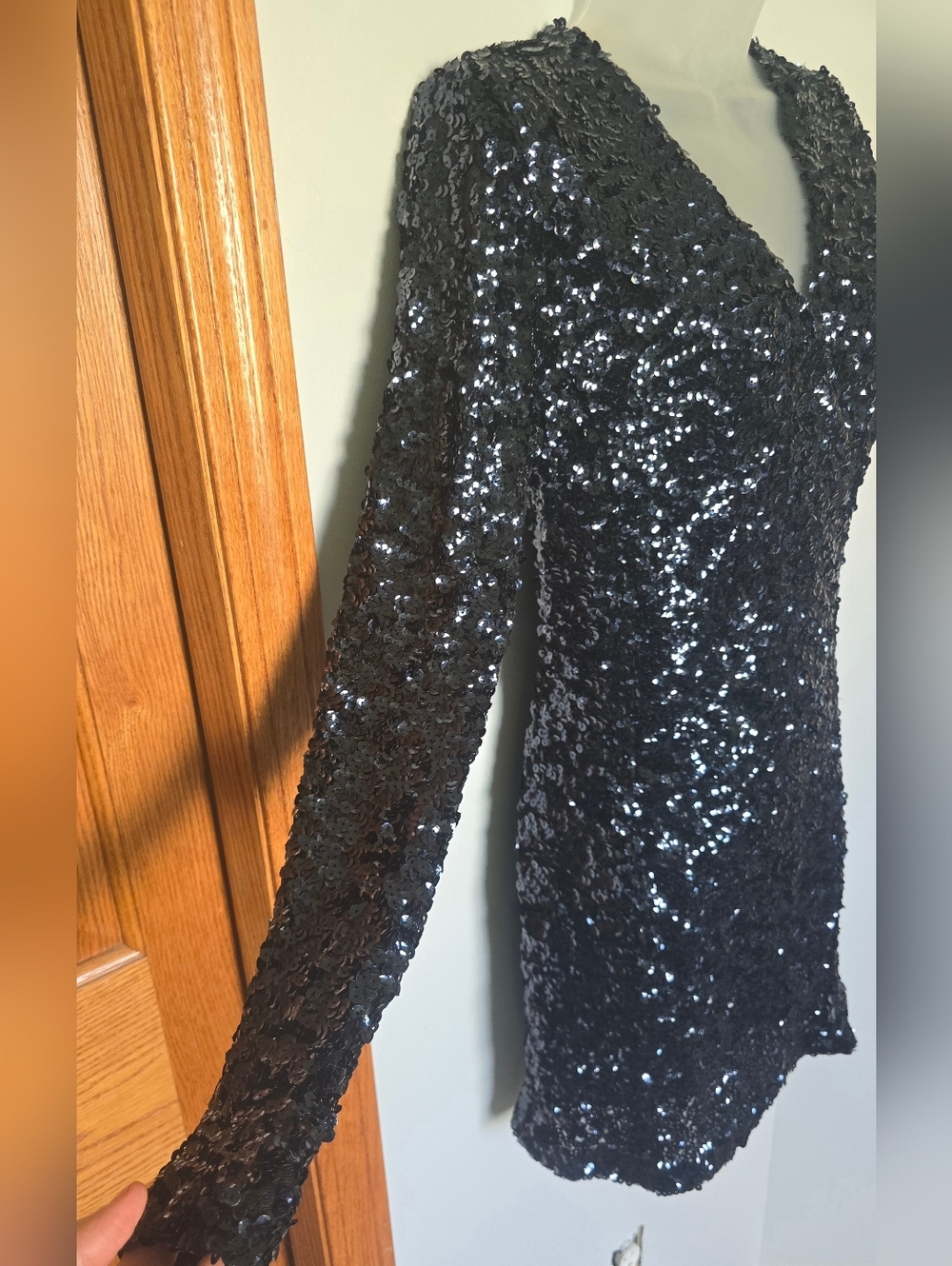 Venus Sequin Long Sleeve Mini Dress Womens size small Black Dark Blue Bodycon - Picture 6 of 13